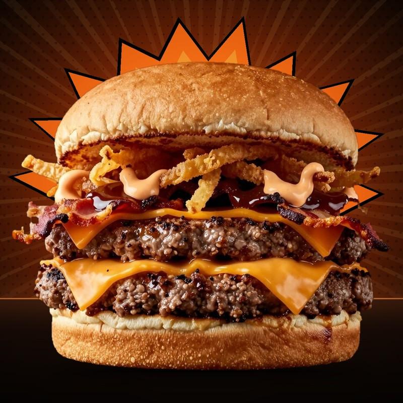 Barbekü burger: 2 × 120 q ət, bekon, 2 çedar, xırtıldayan qızardılmış soğan, barbekü və Bang sousu