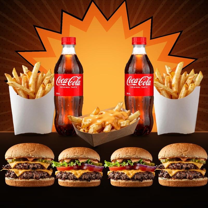 Ailə seti: 2 İkiqat Bang!, 2 Klassik Bang!, 2 böyük fri, pendir souslu fri və 4 Coca-Cola 0,5 l