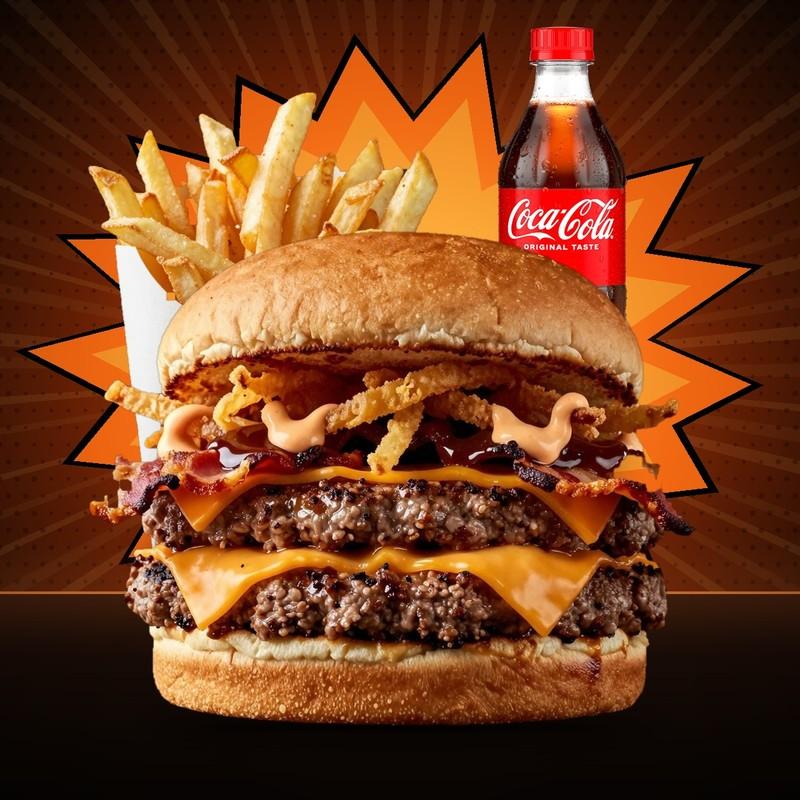 Barbekü burger kombo: 2 × 120 q ət, bekon, 2 çedar, xırtıldayan qızardılmış soğan, barbekü və Bang sousu