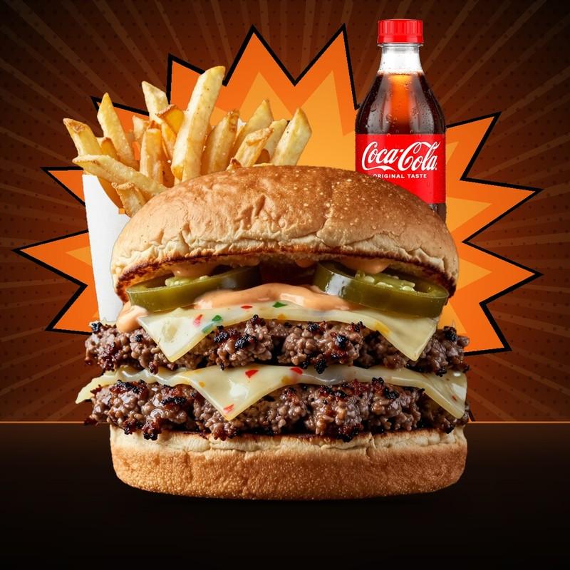 Acı Bang! kombo: 2 × 120 q ət, 2 Pepper Jack pendiri, halapenyo, Bang sousu
